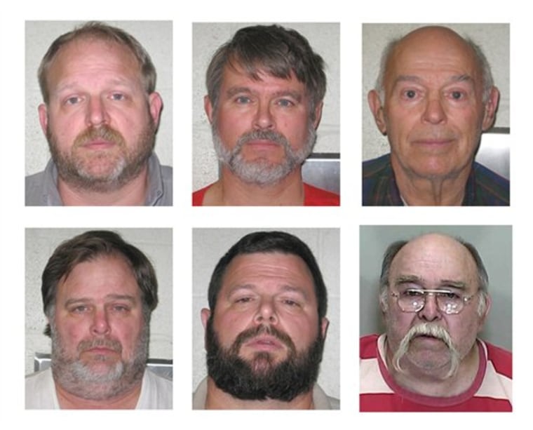 This combination of undated photos released by the Lafayette County Sheriff's Department and the Marion County Sheriff's Office shows, from left to right on the top row; Jared Leroy Mohler, 48, of Columbia, Mo., David A. Mohler, 52, of Lamoni, Iowa, Burrell Edward Mohler Sr., 77, of Independence, Mo., and from left to right on the second row; Burrell Edward Mohler Jr., 53, of Independence, Mo., Roland Neil Mohler, 47, of Bates City, Mo. and Darrel Wayne Mohler of Silver Springs, Fla. (AP Photo/Lafayette County Sheriff's Dept./Marion County Sheriff's Dept.)
